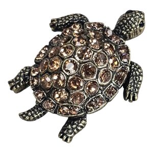 Antique Gold Topaz Sea Turtle Rhinestone Brooch Pin Pendant Coastal Boho Vintage